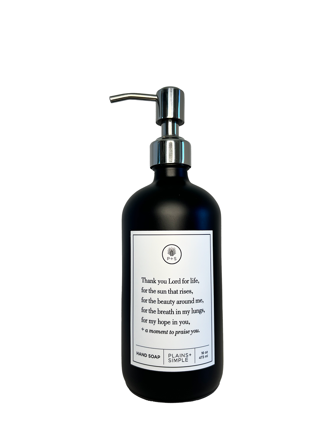 Black glass Thank You Lord hand soap Gratitude Bottle with silver pump.