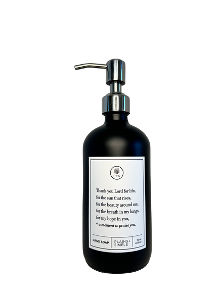 Black glass Thank You Lord hand soap Gratitude Bottle with silver pump.