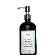 Black glass Thank You Lord lotion Gratitude Bottle with silver pump.