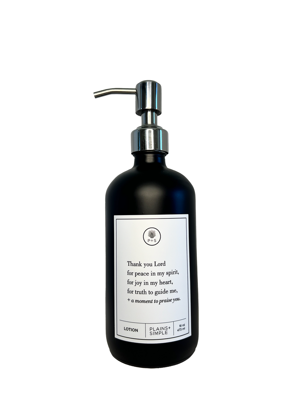 Black glass Thank You Lord lotion Gratitude Bottle with silver pump.