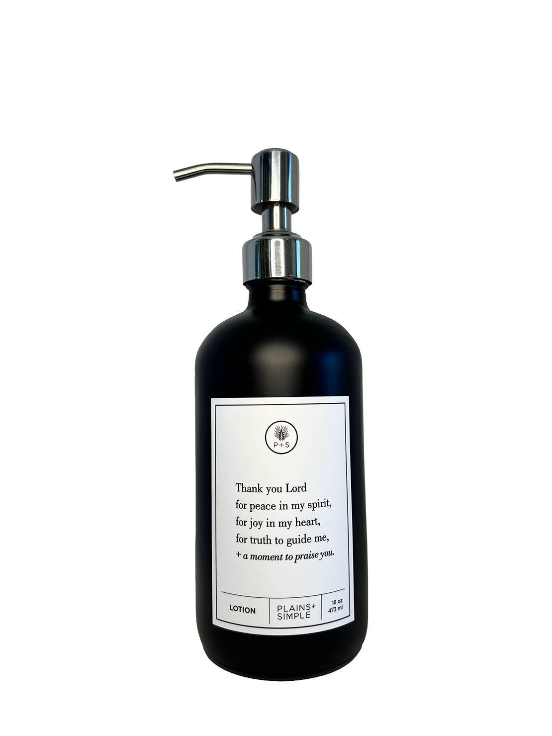 Black glass Thank You Lord lotion Gratitude Bottle with silver pump.