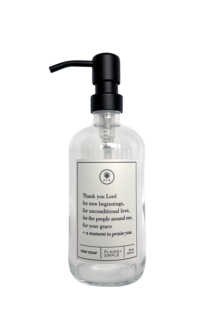 Clear glass Thank You Lord dish soap Gratitude Bottle with black pump.