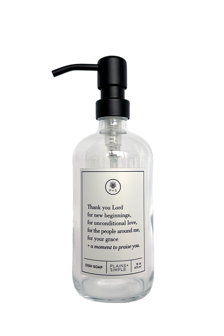 Clear glass Thank You Lord dish soap Gratitude Bottle with black pump.