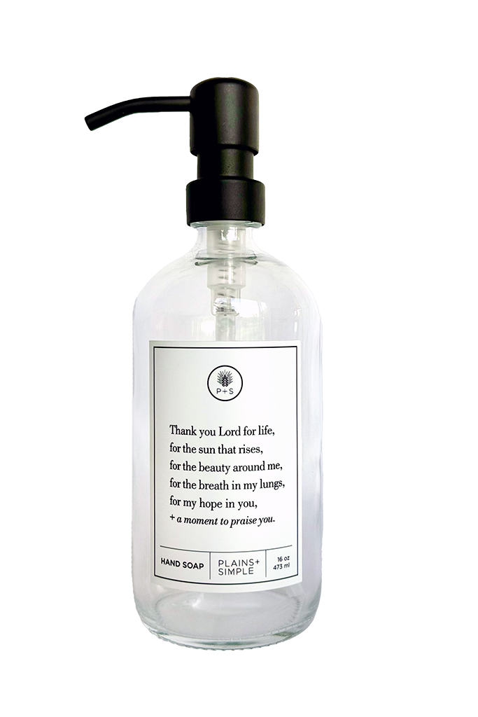 Clear glass Thank You Lord hand soap Gratitude Bottle with black pump.