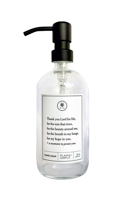 Clear glass Thank You Lord hand soap Gratitude Bottle with black pump.