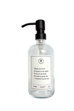 Clear glass Thank You Lord lotion Gratitude Bottle with black pump.