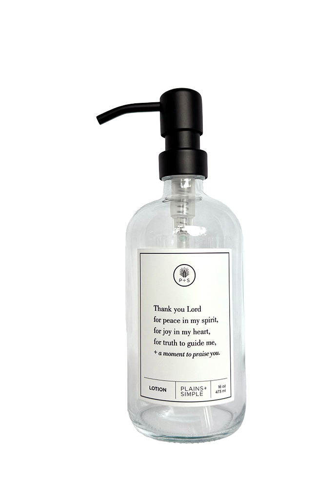 Clear glass Thank You Lord lotion Gratitude Bottle with black pump.