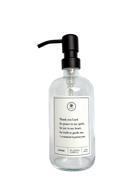 Clear glass Thank You Lord lotion Gratitude Bottle with black pump.
