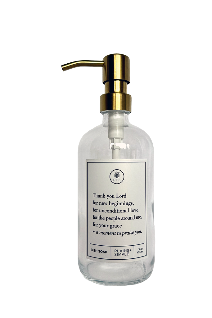 Clear glass Thank You Lord dish soap Gratitude Bottle with gold pump.