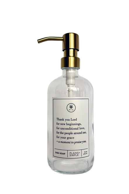 Clear glass Thank You Lord dish soap Gratitude Bottle with gold pump.