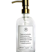 Clear glass Thank You Lord hand soap Gratitude Bottle with gold pump.