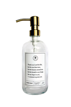 Clear glass Thank You Lord hand soap Gratitude Bottle with gold pump.