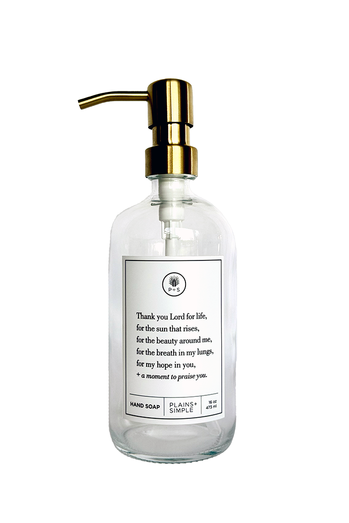 Clear glass Thank You Lord hand soap Gratitude Bottle with gold pump.