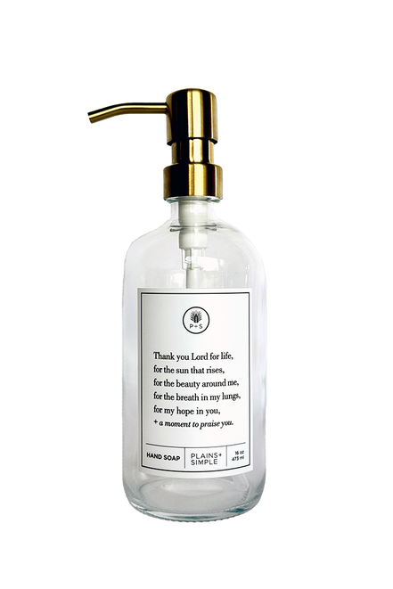 Clear glass Thank You Lord hand soap Gratitude Bottle with gold pump.