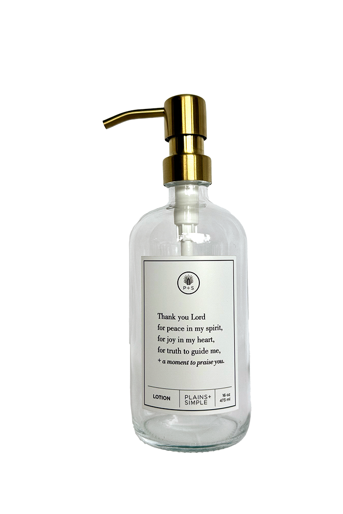 Clear glass Thank You Lord lotion Gratitude Bottle with gold pump.