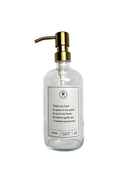 Clear glass Thank You Lord lotion Gratitude Bottle with gold pump.