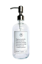 Clear glass Thank You Lord hand soap Gratitude Bottle with silver pump.