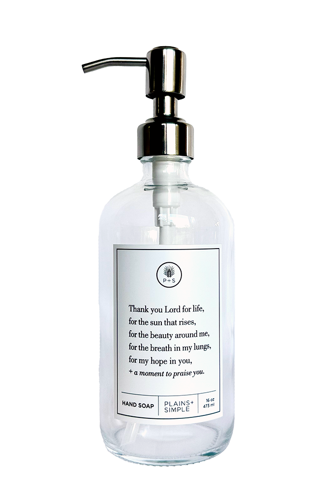 Clear glass Thank You Lord hand soap Gratitude Bottle with silver pump.