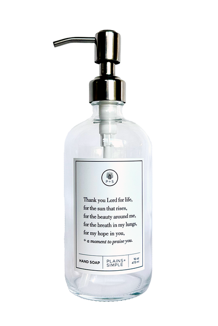 Clear glass Thank You Lord hand soap Gratitude Bottle with silver pump.