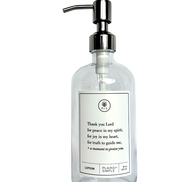 Clear glass Thank You Lord lotion Gratitude Bottle with silver pump.