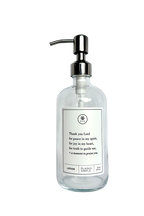 Clear glass Thank You Lord lotion Gratitude Bottle with silver pump.