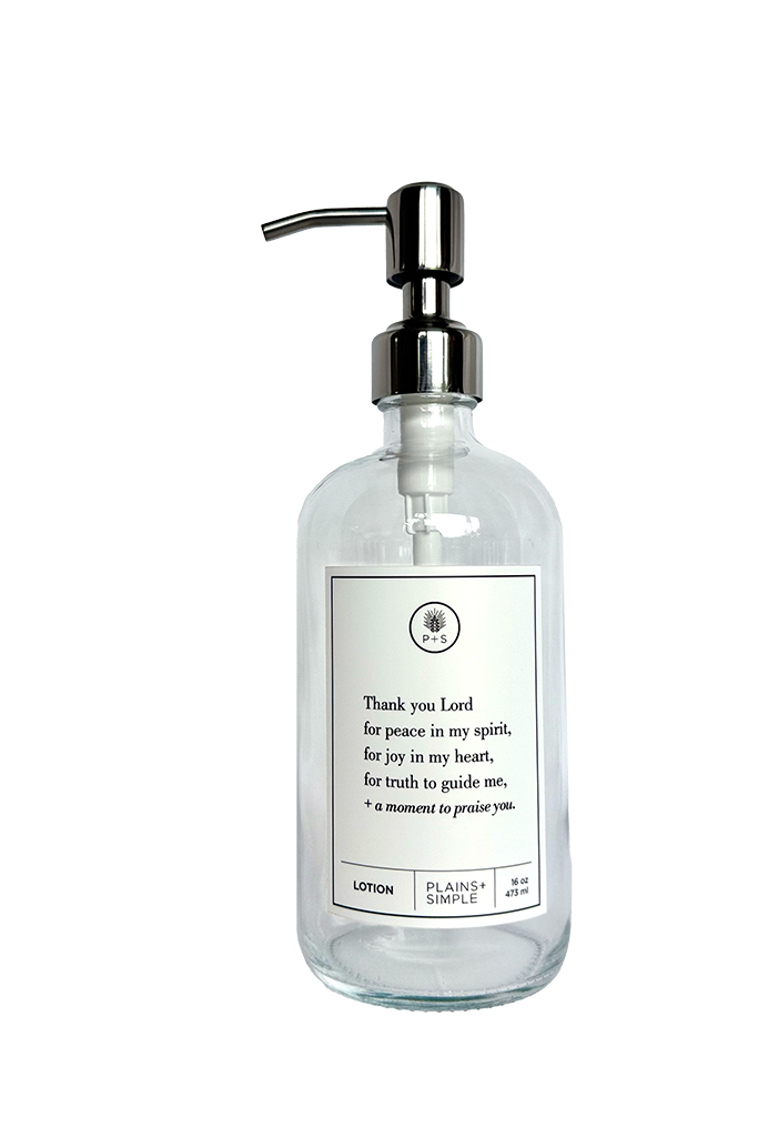 Clear glass Thank You Lord lotion Gratitude Bottle with silver pump.