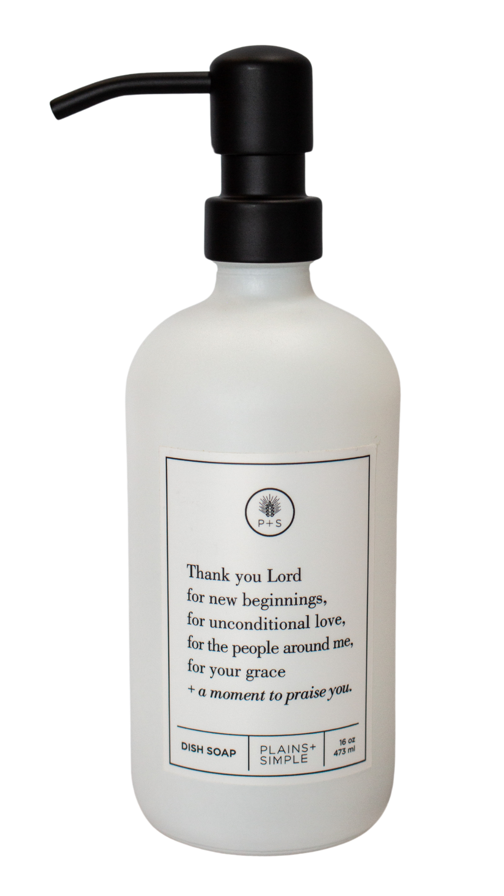 White glass Thank You Lord dish soap Gratitude Bottle with black pump.