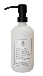 White glass Thank You Lord dish soap Gratitude Bottle with black pump.