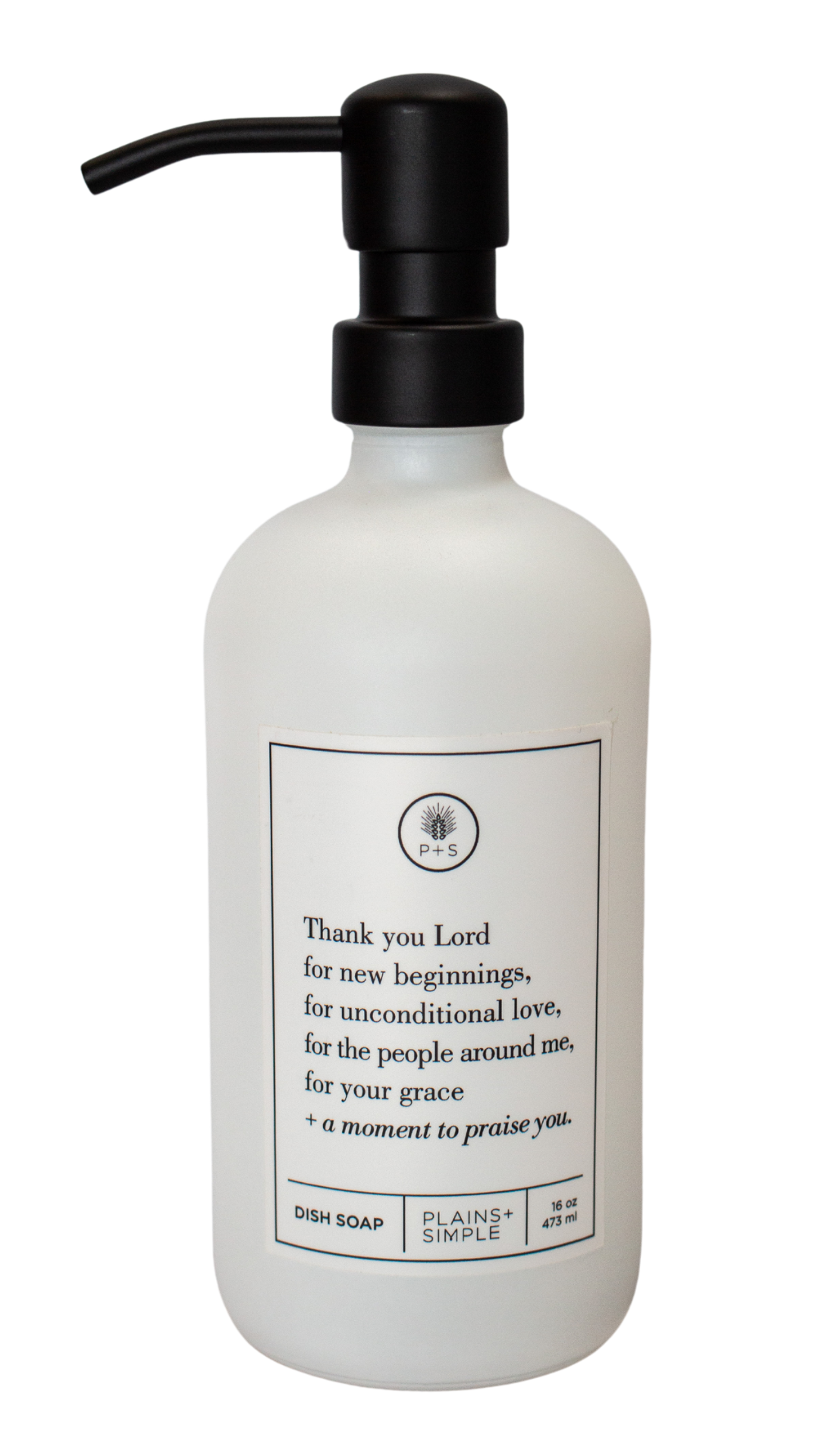 White glass Thank You Lord dish soap Gratitude Bottle with black pump.