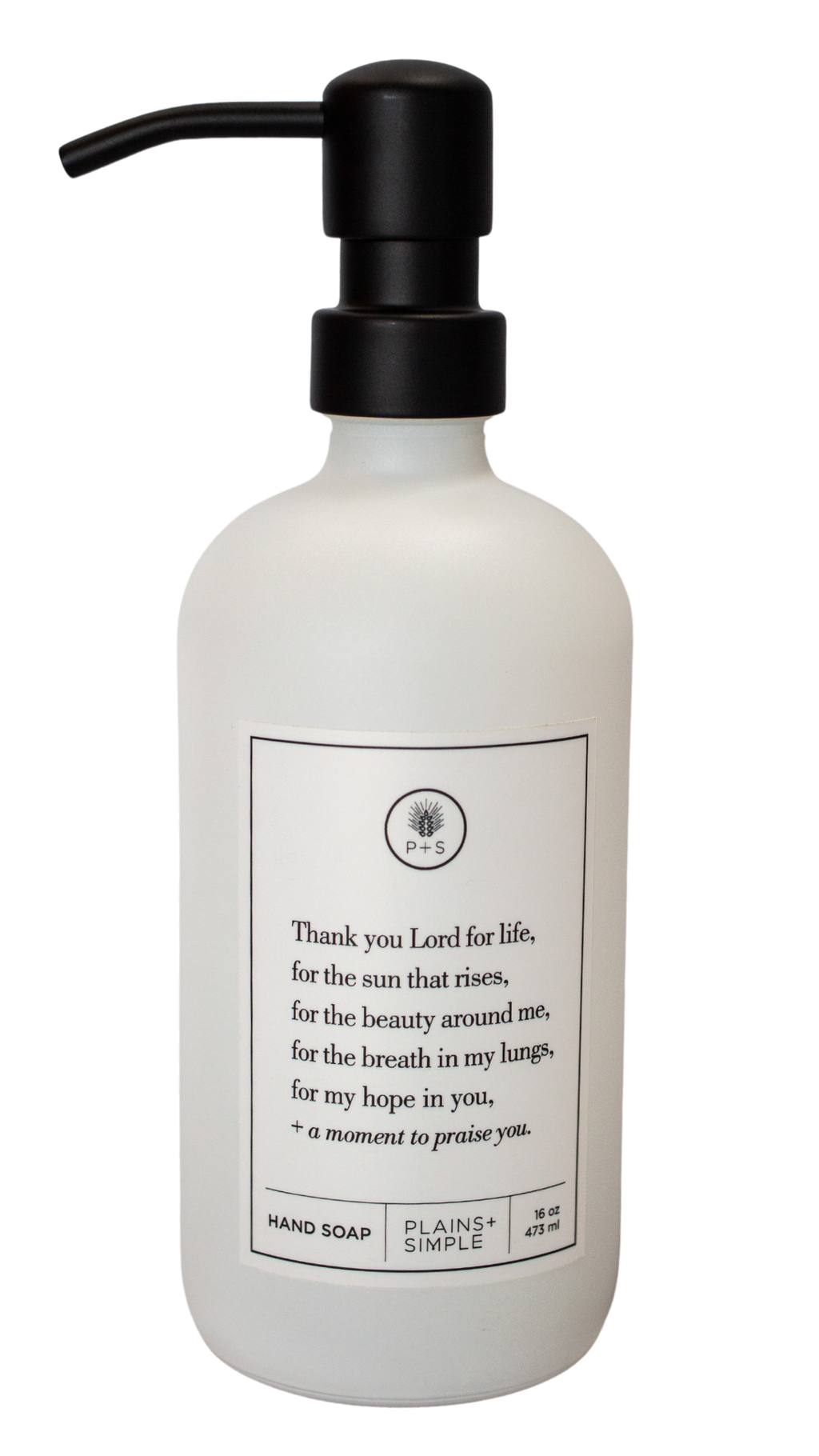 White glass Thank You Lord hand soap Gratitude Bottle with black pump.