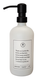 White glass Thank You Lord hand soap Gratitude Bottle with black pump.