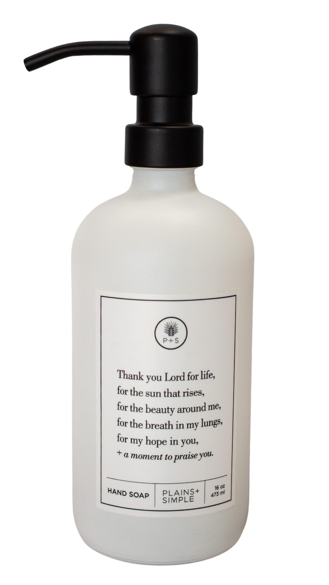 White glass Thank You Lord hand soap Gratitude Bottle with black pump.