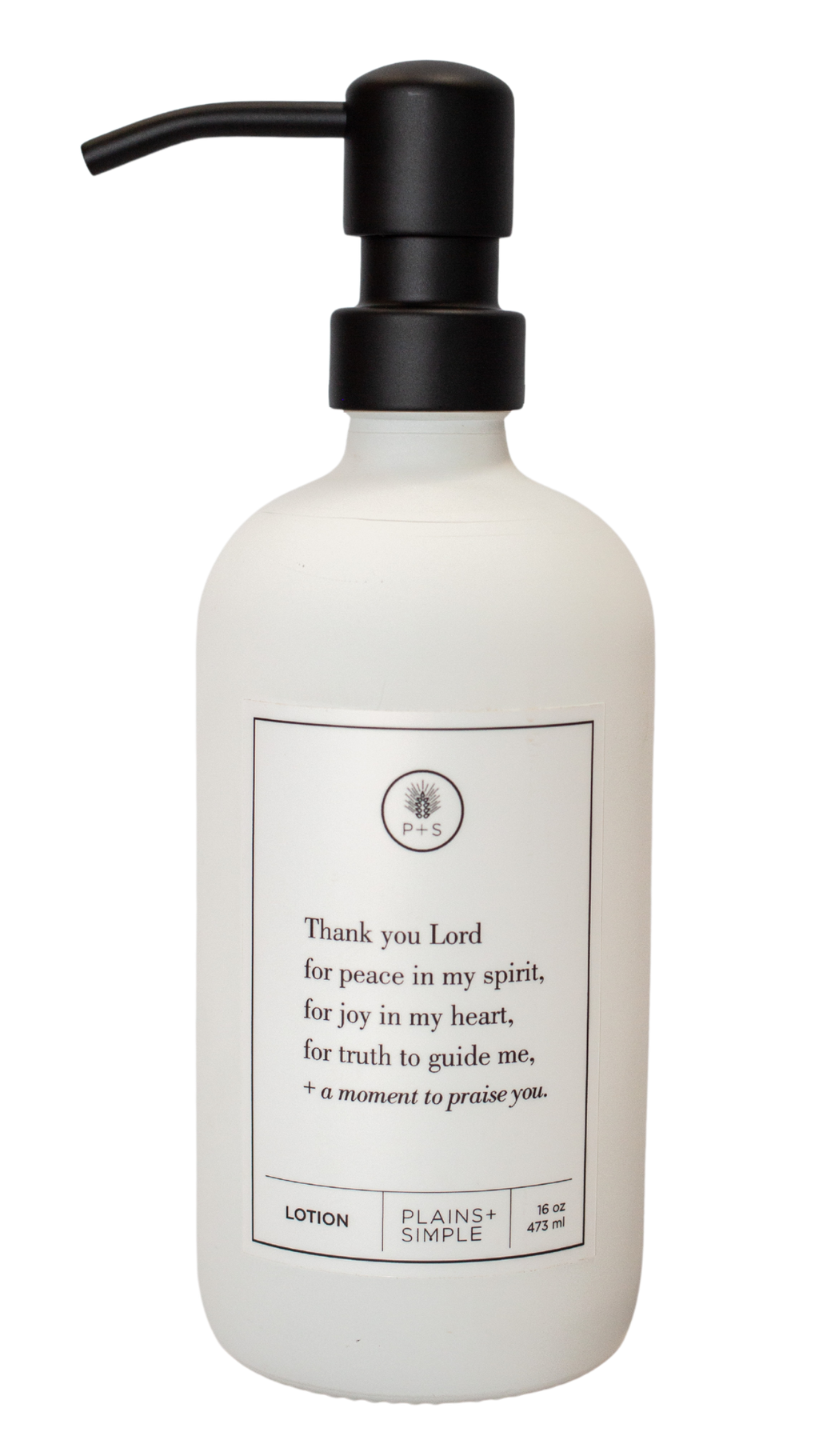 White glass Thank You Lord lotion Gratitude Bottle with black pump.