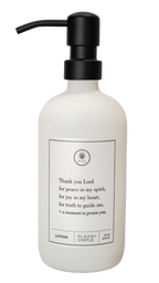 White glass Thank You Lord lotion Gratitude Bottle with black pump.
