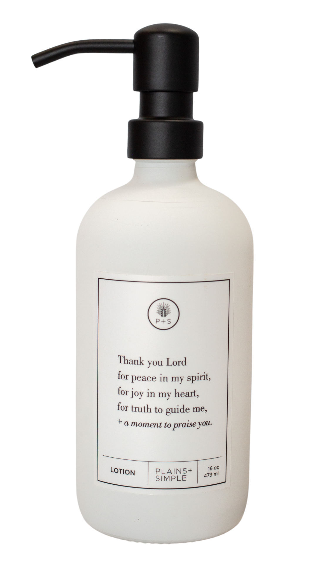 White glass Thank You Lord lotion Gratitude Bottle with black pump.