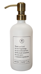 White glass Thank You Lord dish soap Gratitude Bottle with gold pump.