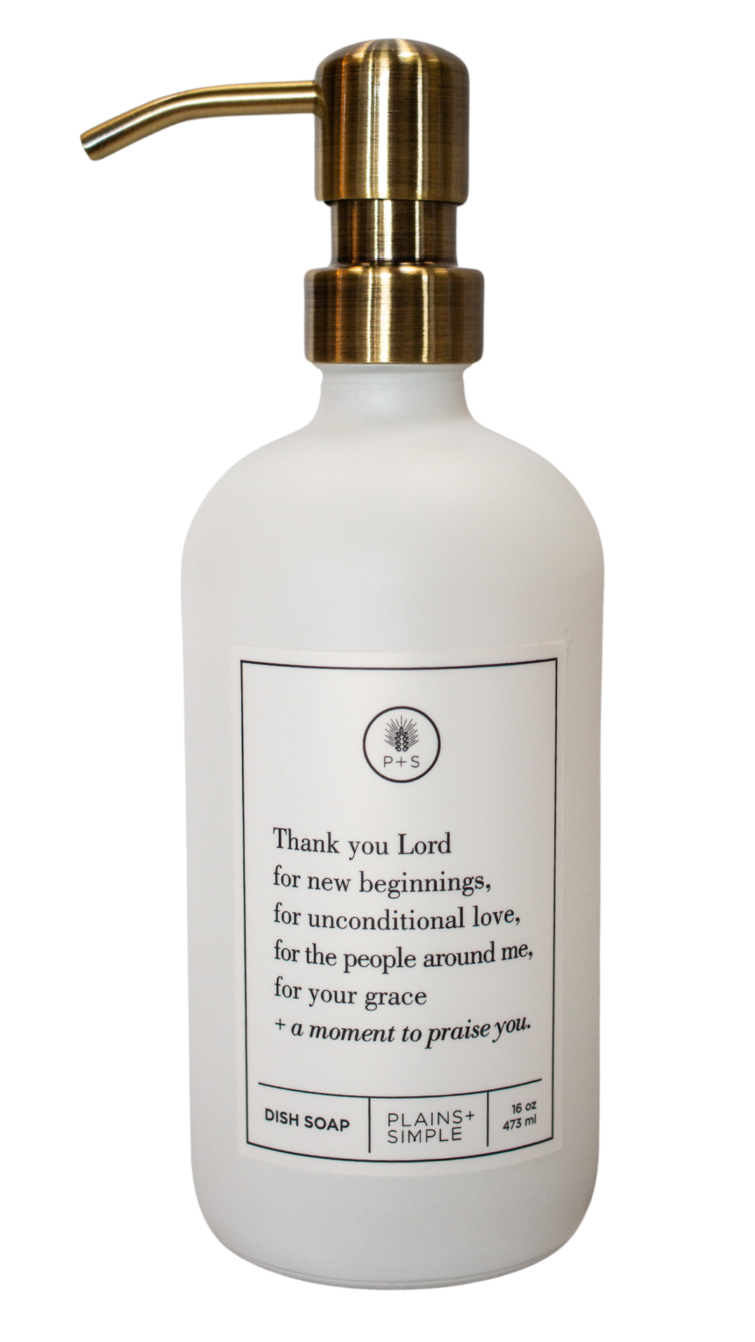 White glass Thank You Lord dish soap Gratitude Bottle with gold pump.