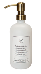 White glass Thank You Lord hand soap Gratitude Bottle with gold pump.