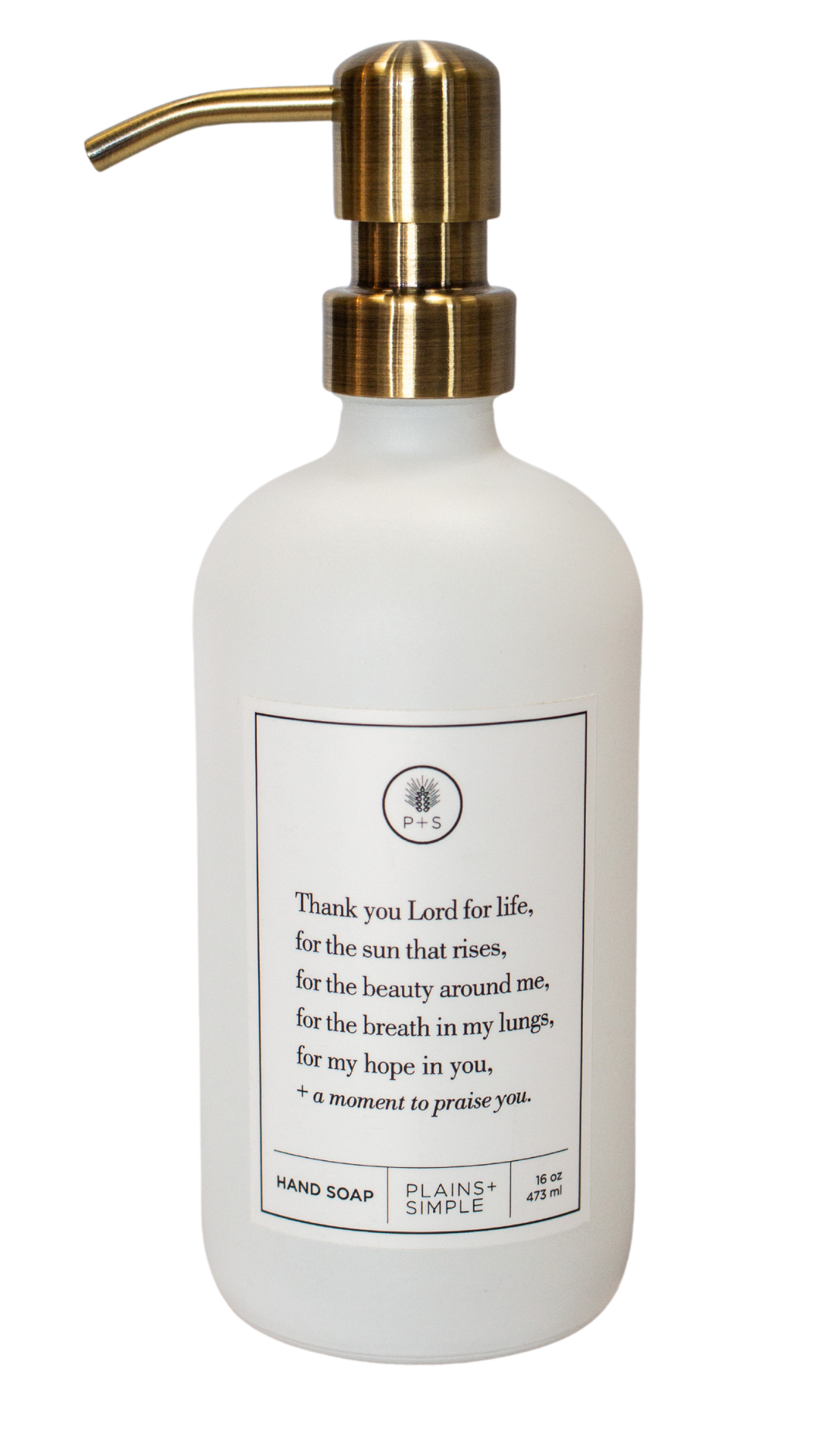 White glass Thank You Lord hand soap Gratitude Bottle with gold pump.