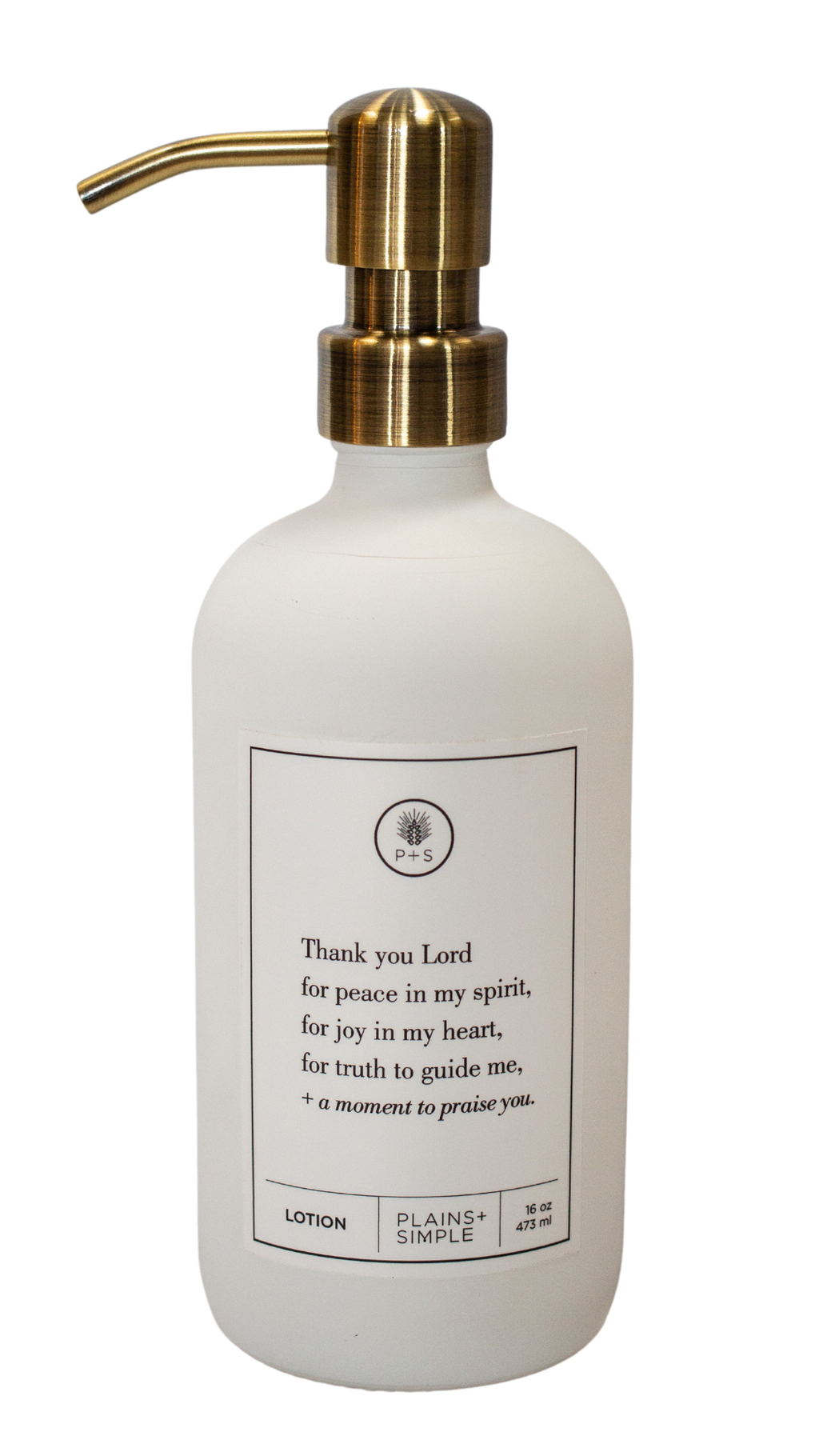 White glass Thank You Lord lotion Gratitude Bottle with gold pump.