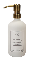 White glass Thank You Lord lotion Gratitude Bottle with gold pump.