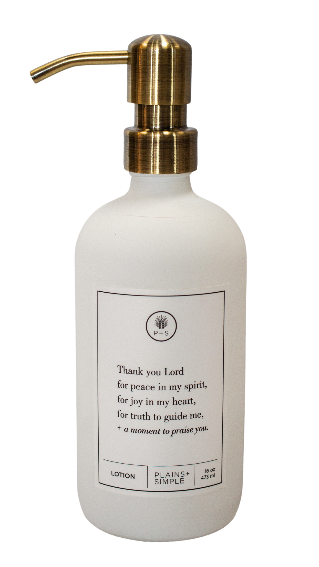 White glass Thank You Lord lotion Gratitude Bottle with gold pump.
