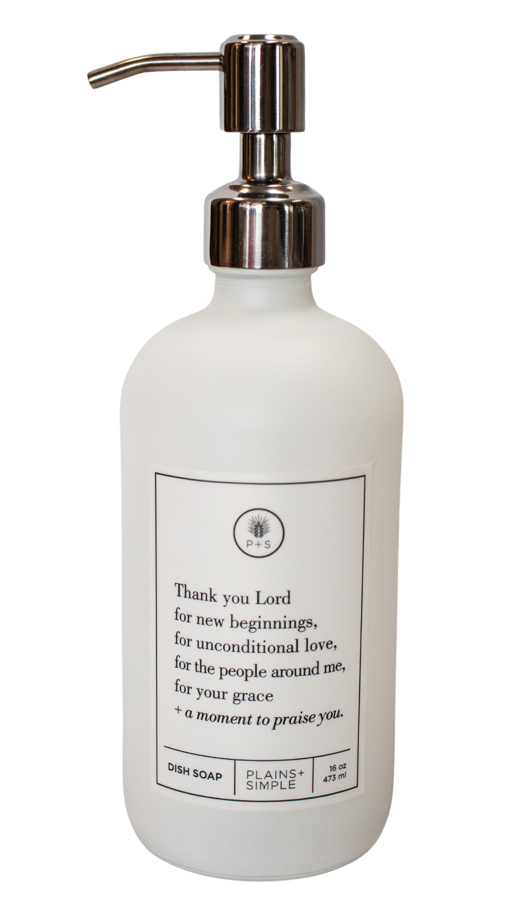 White glass Thank You Lord dish soap Gratitude Bottle with silver pump.