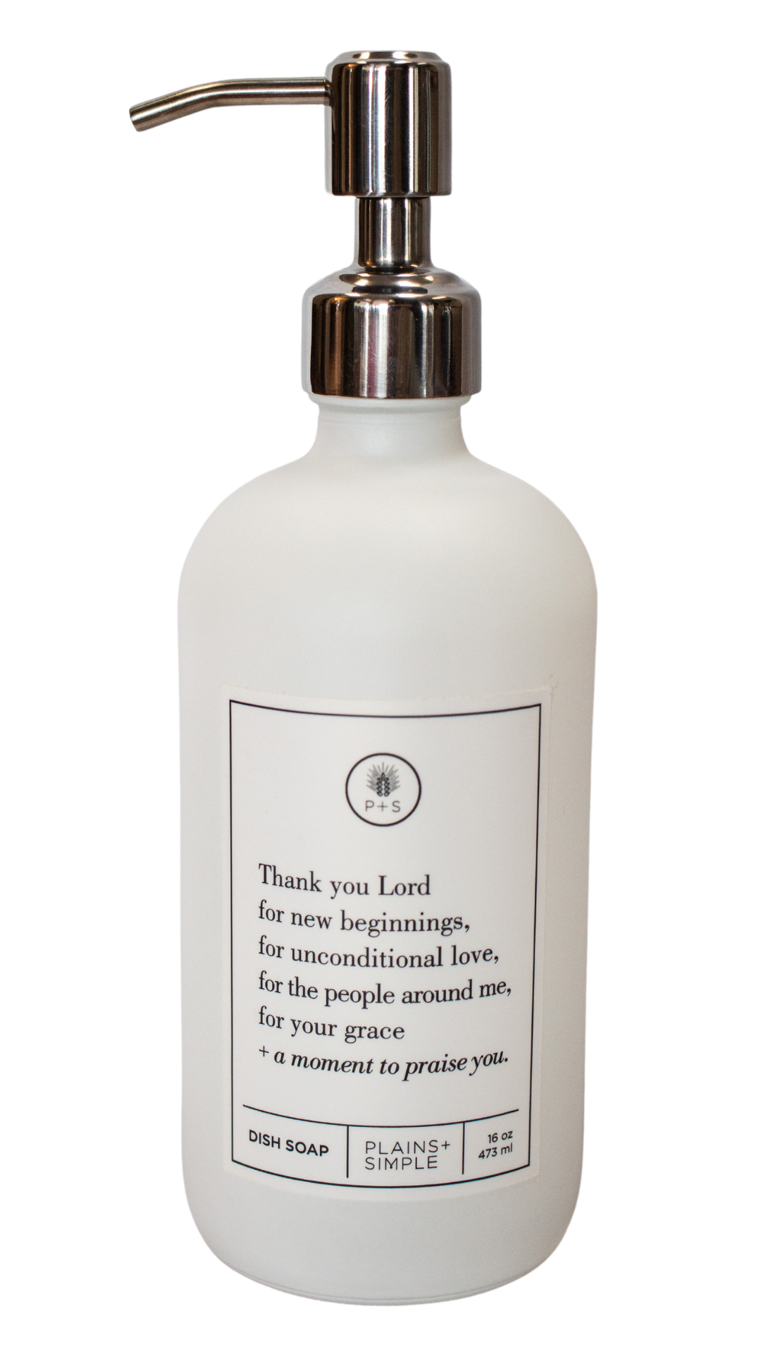 White glass Thank You Lord dish soap Gratitude Bottle with silver pump.