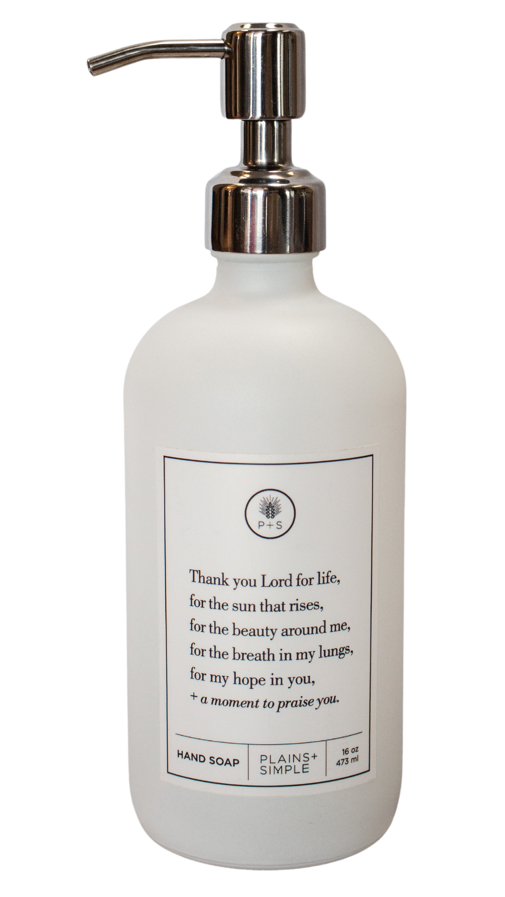 White glass Thank You Lord hand soap Gratitude Bottle with silver pump.