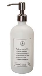 White glass Thank You Lord hand soap Gratitude Bottle with silver pump.