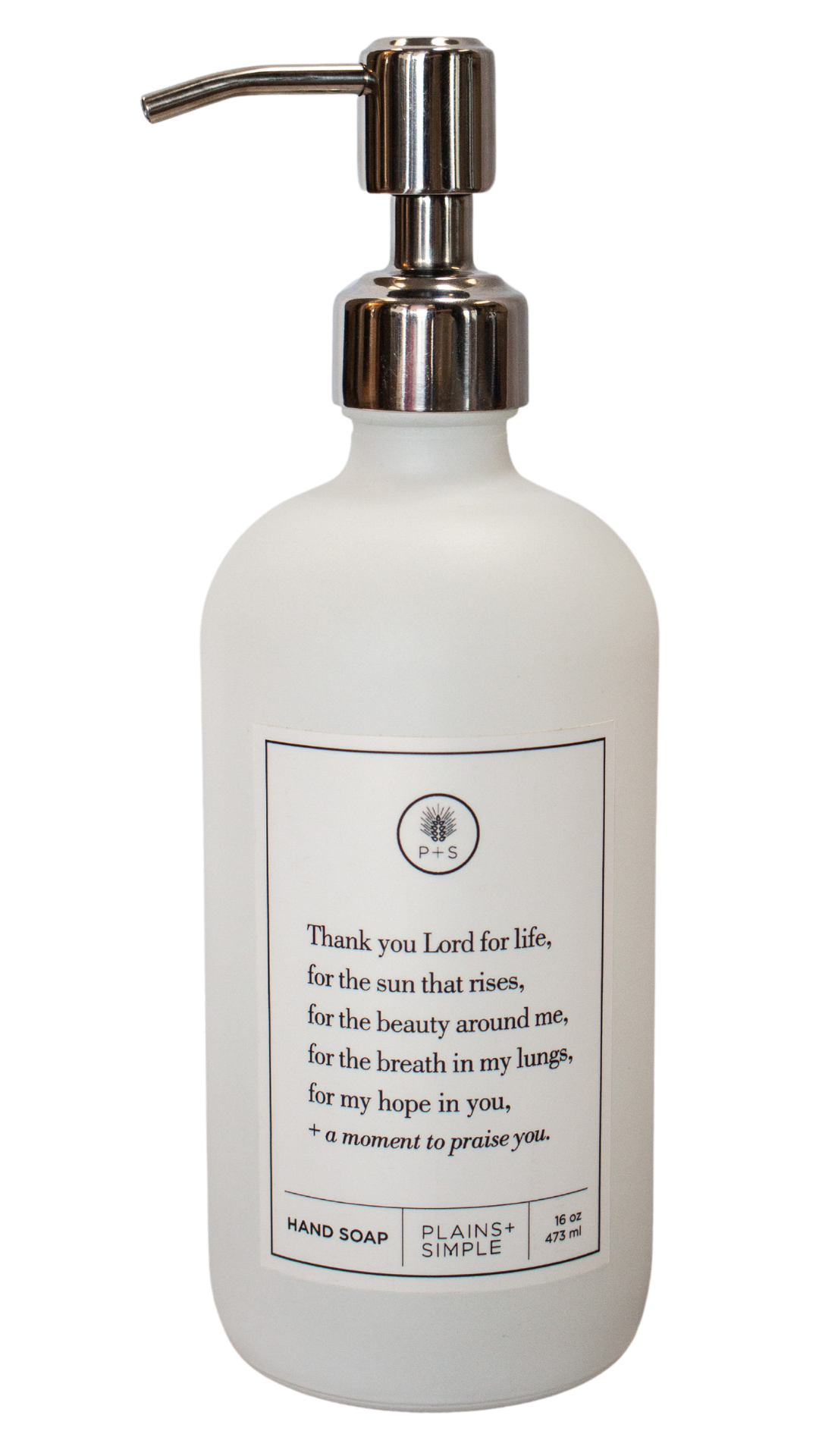 White glass Thank You Lord hand soap Gratitude Bottle with silver pump.