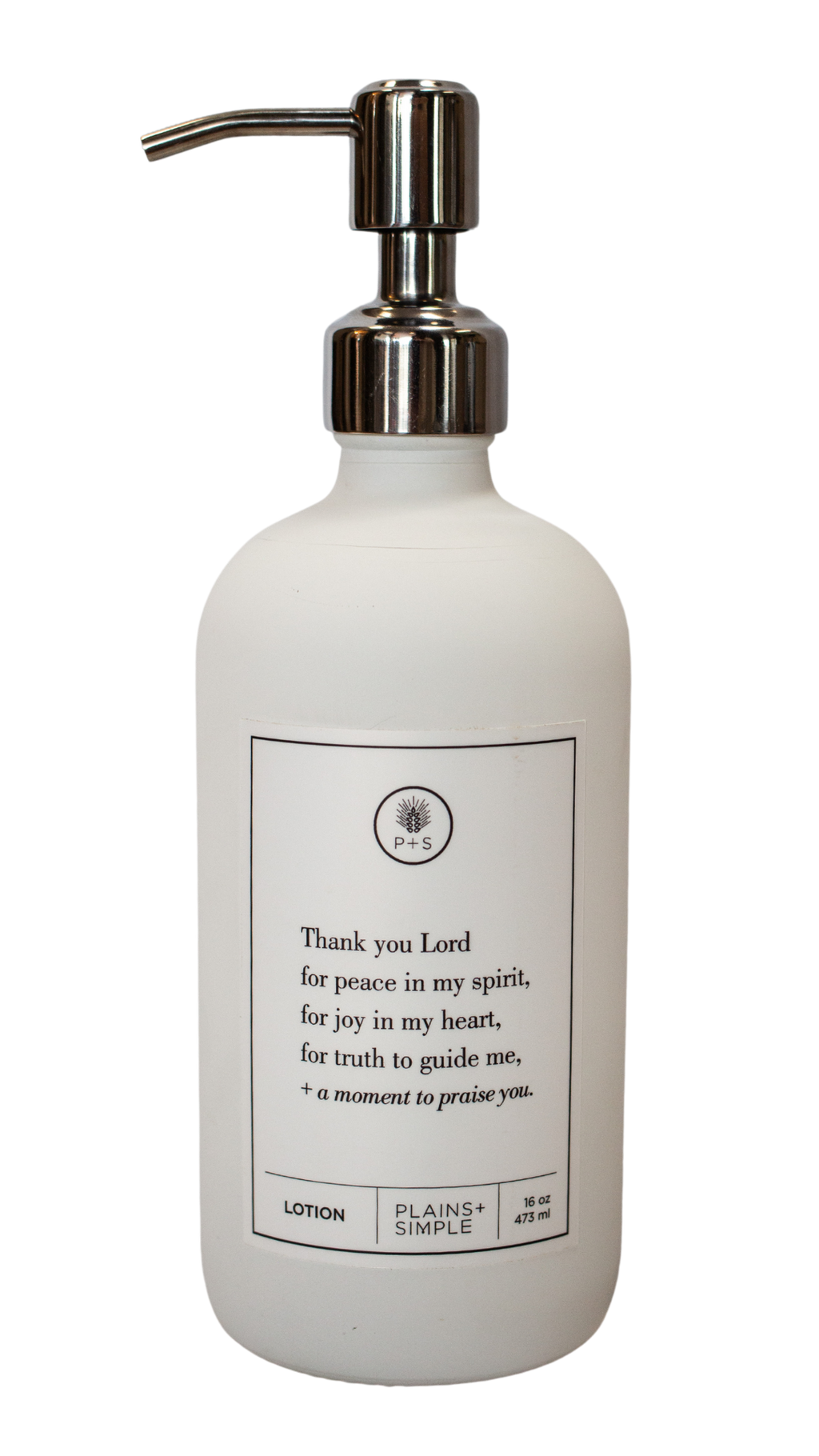 White glass Thank You Lord lotion Gratitude Bottle with silver pump.
