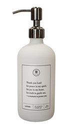 White glass Thank You Lord lotion Gratitude Bottle with silver pump.