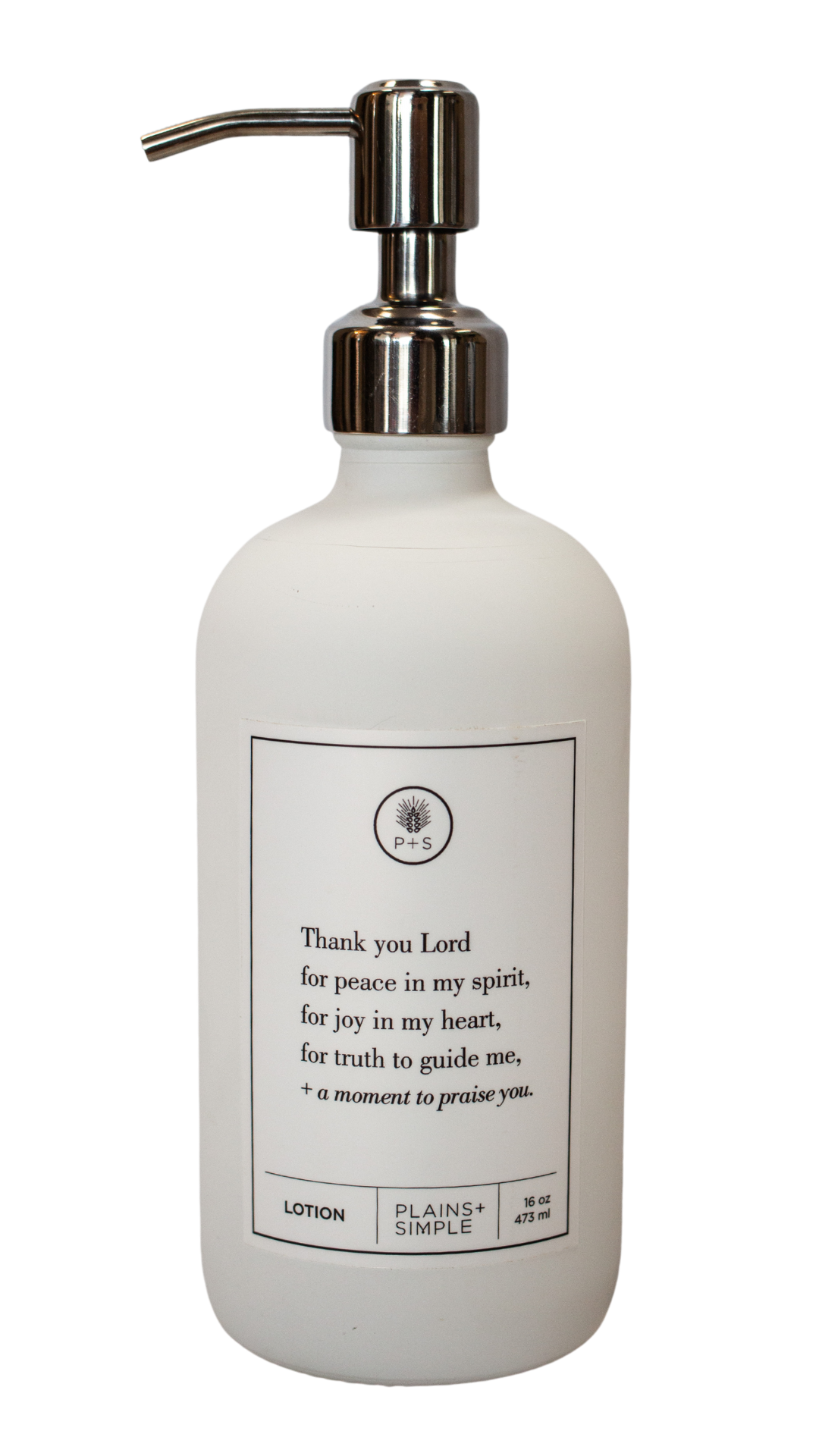 White glass Thank You Lord lotion Gratitude Bottle with silver pump.